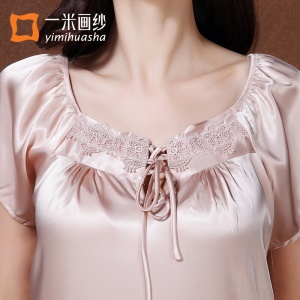 一米画纱仿 真丝睡衣女夏天冰丝睡裙 女士短袖性感连体丝绸桑蚕丝家居服 香槟 均码